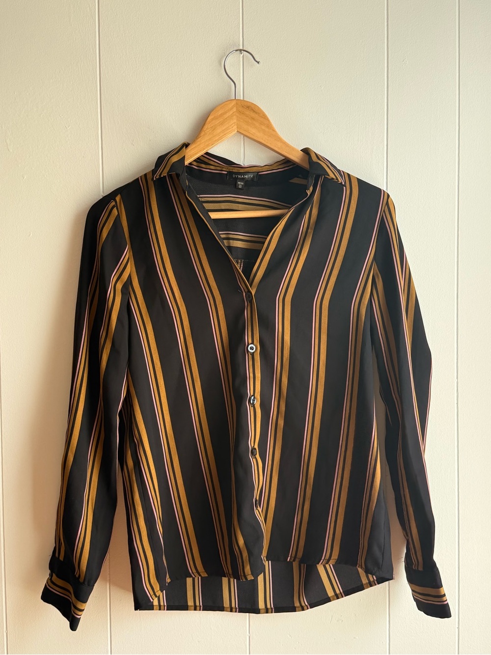Dynamite Black Button-Down Shirt with Mustard & Pink Stripes